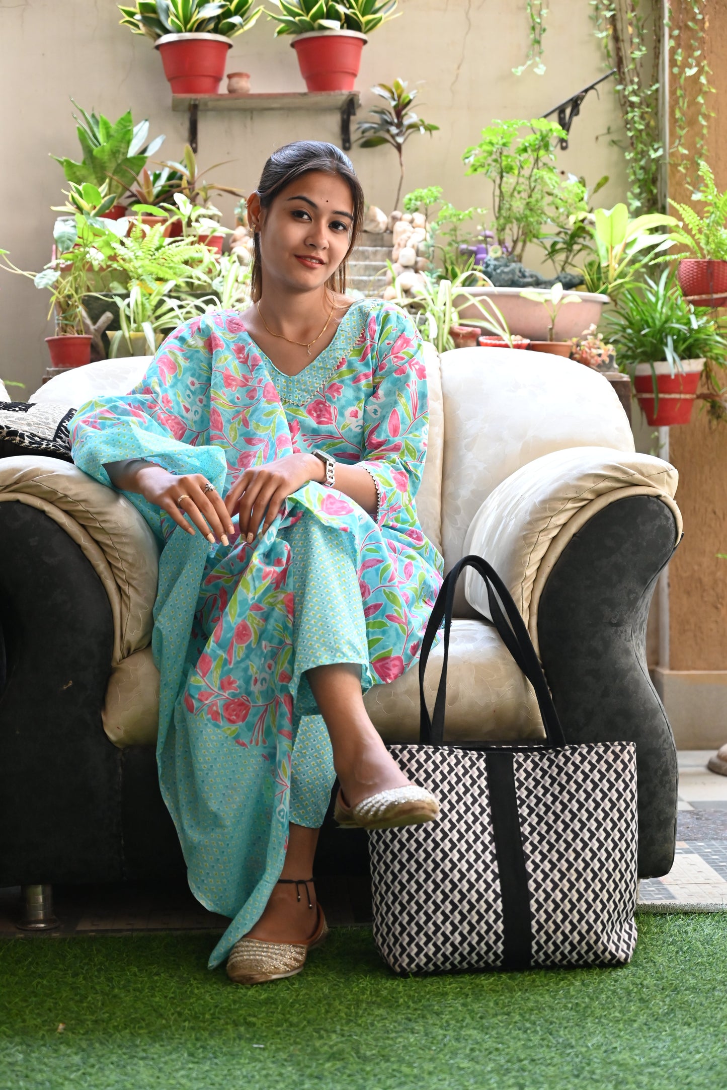 Blue and pink cotton kurti pant dupatta set