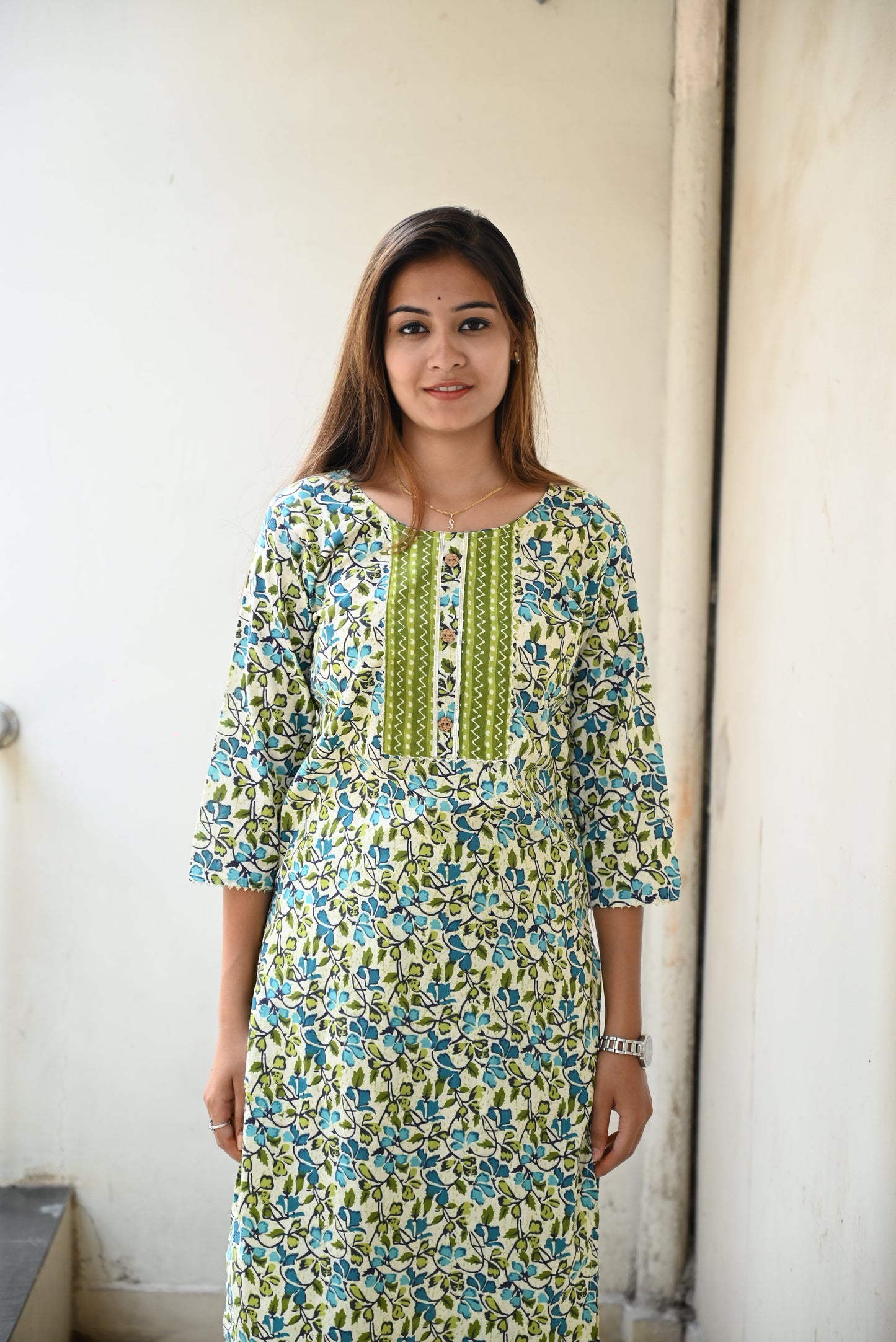 Green cotton Jaipuri print kurti pant set for women