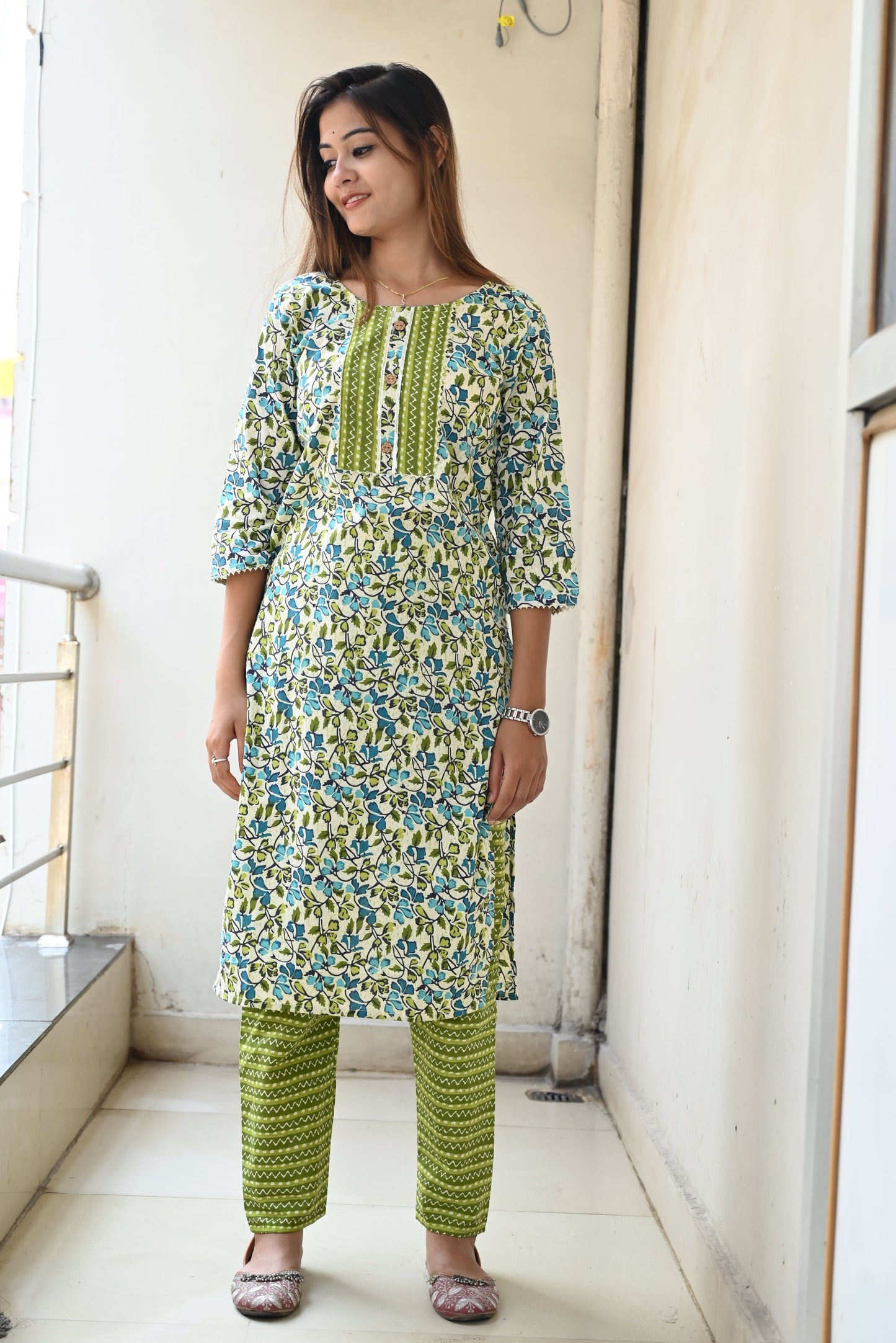 Green cotton Jaipuri print kurti pant set for women