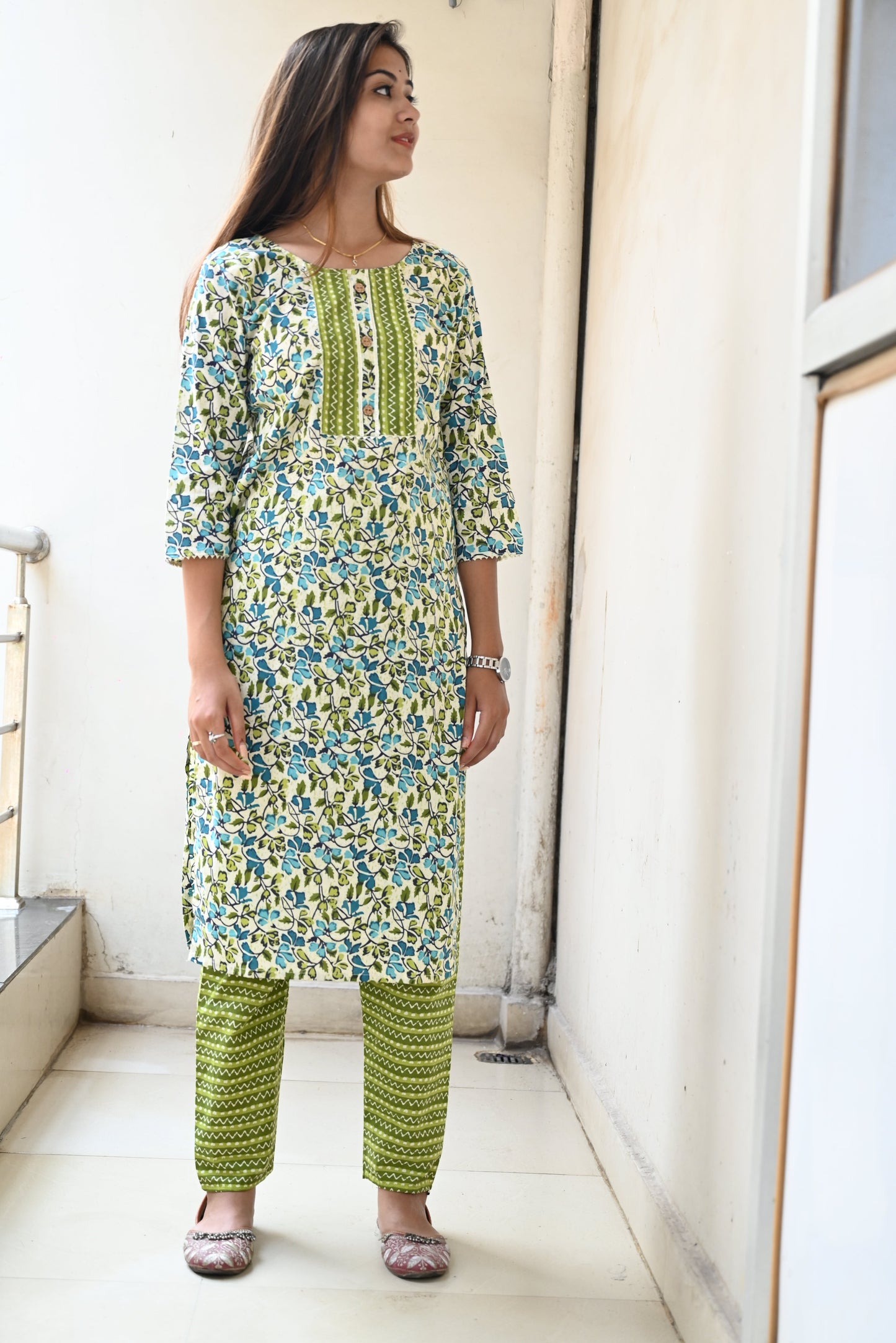Green cotton Jaipuri print kurti pant set for women