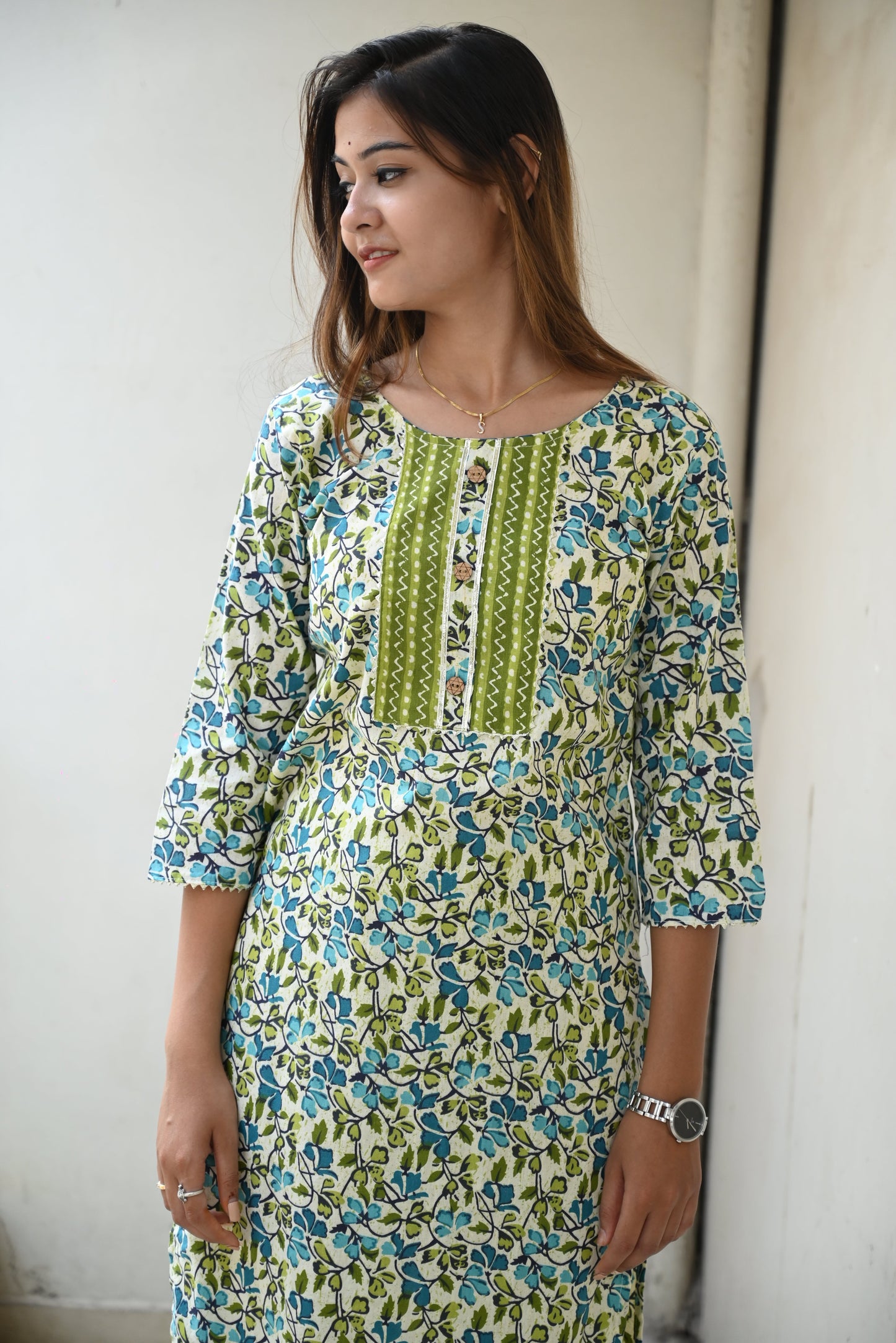 Green cotton Jaipuri print kurti pant set for women