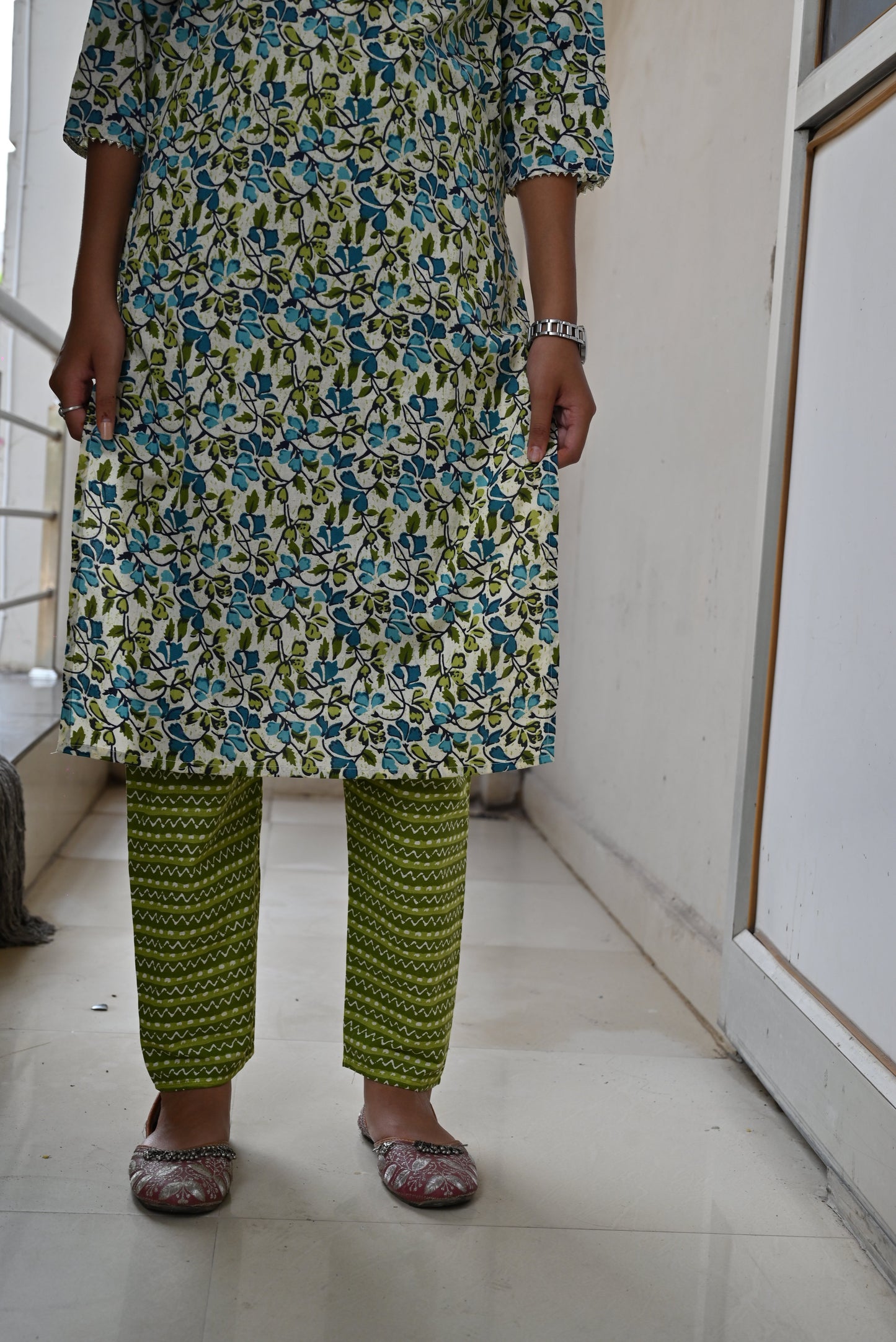 Green cotton Jaipuri print kurti pant set for women