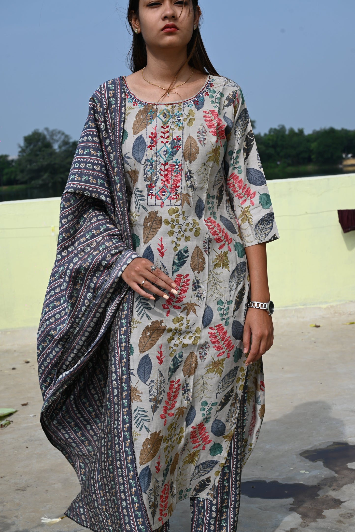 Grey muslin mirror work kurti pant dupatta set