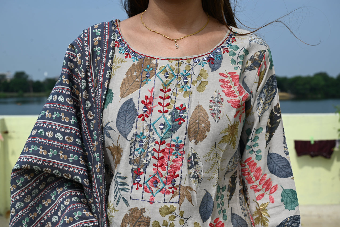 Grey muslin mirror work kurti pant dupatta set