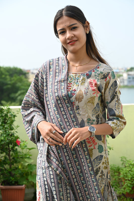 Grey muslin mirror work kurti pant dupatta set