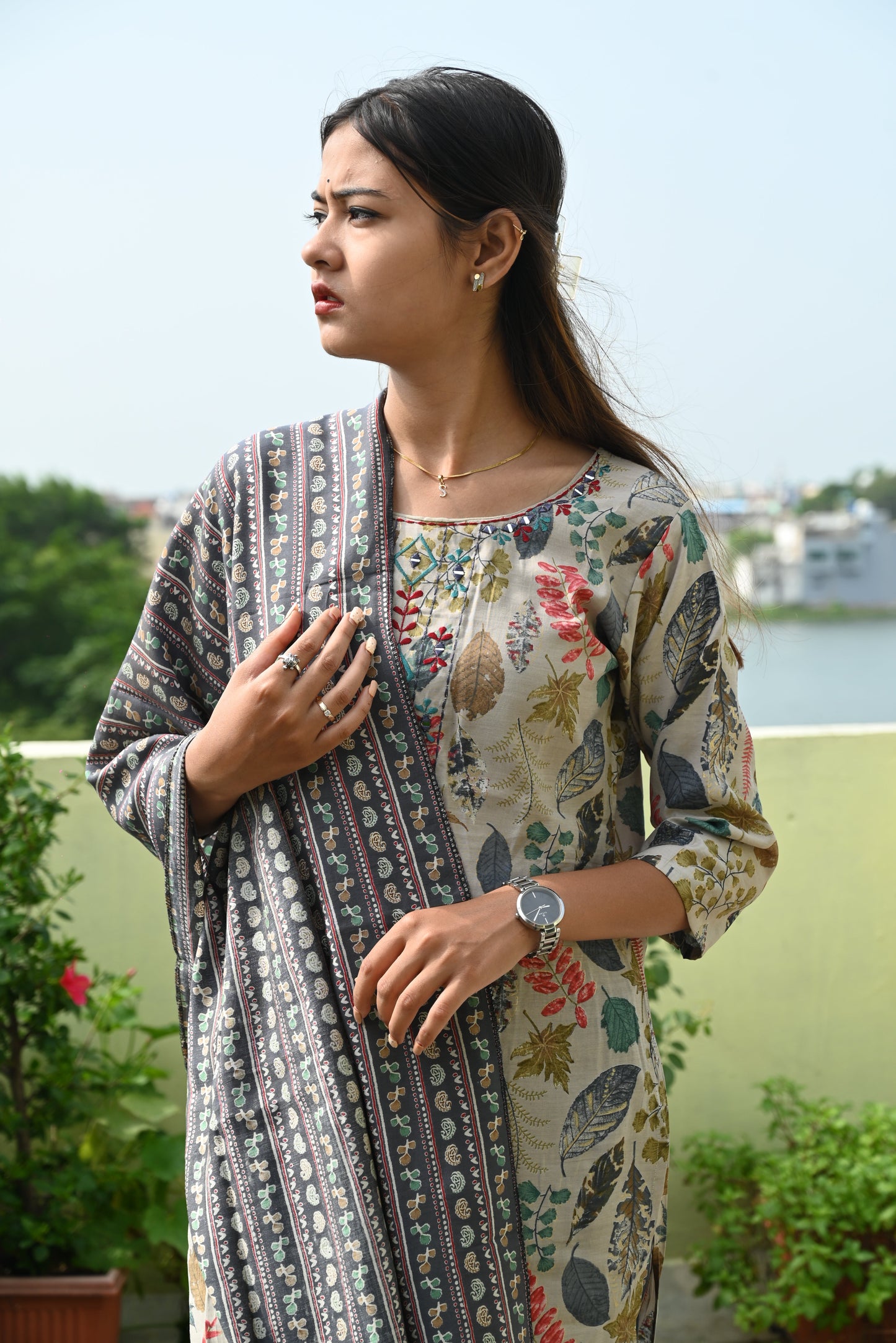 Grey muslin mirror work kurti pant dupatta set