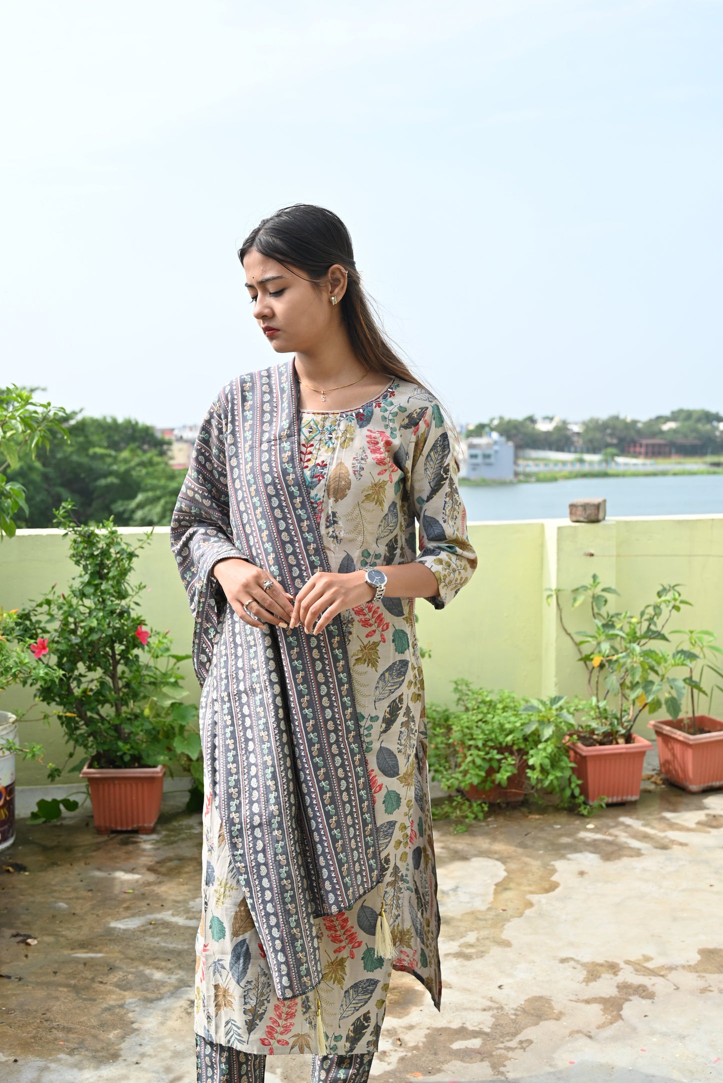 Grey muslin mirror work kurti pant dupatta set