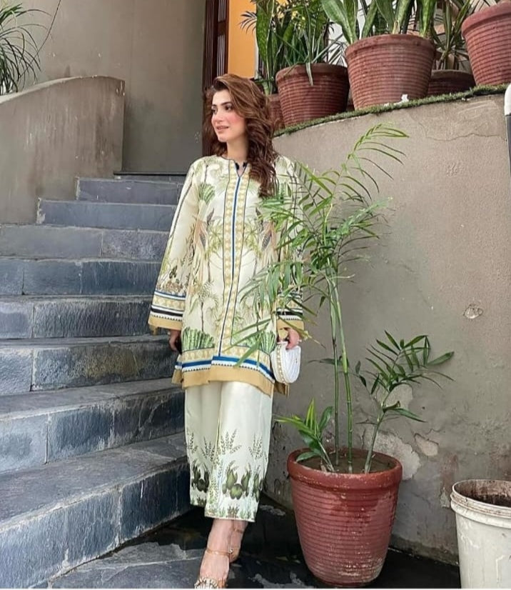 Off White Cream stylish turkish printed cord set for women