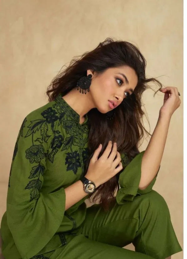 Green black embroadried stylish cord set for women