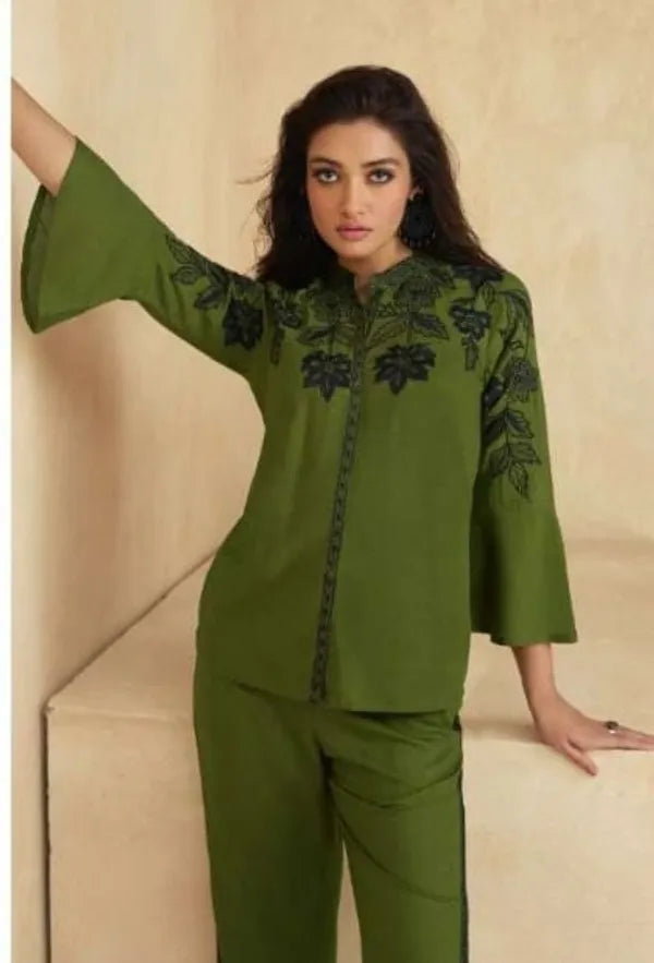 Green black embroadried stylish cord set for women