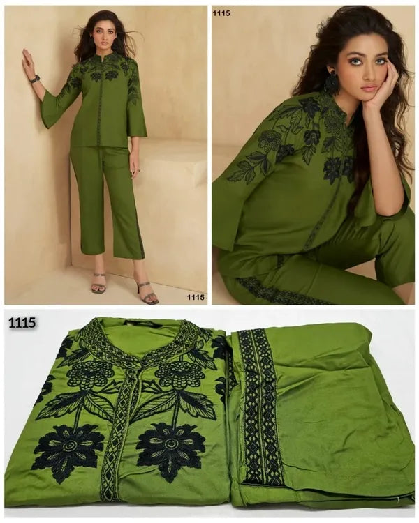 Green black embroadried stylish cord set for women