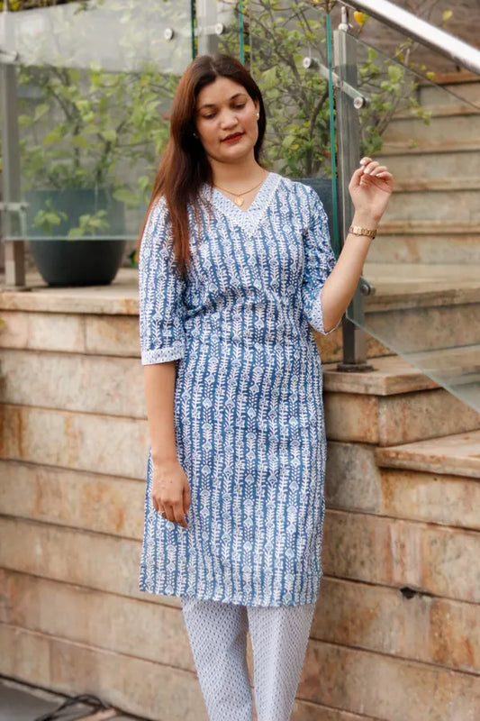 Grey Jaipuri Cotton Kurti Pant Set