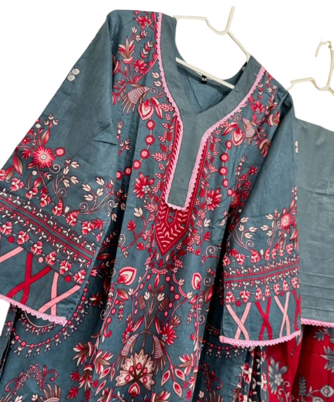 Gulbahaar Grace - Grey & Red Flora Digital printed cotton kurta pant dupatta set