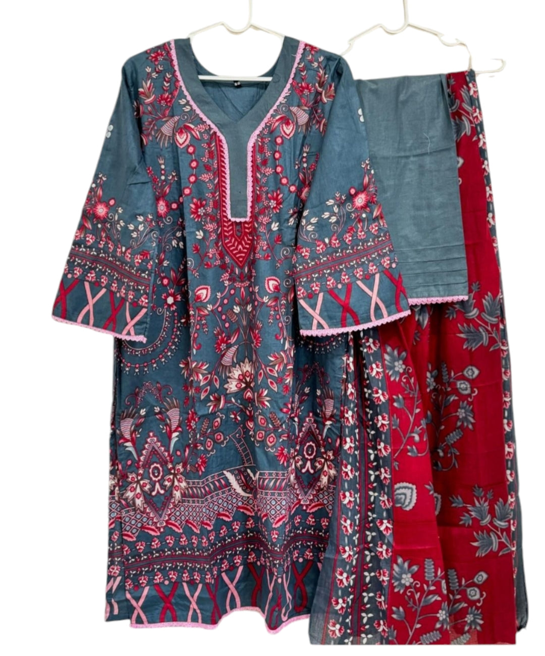Gulbahaar Grace - Grey & Red Flora Digital printed cotton kurta pant dupatta set