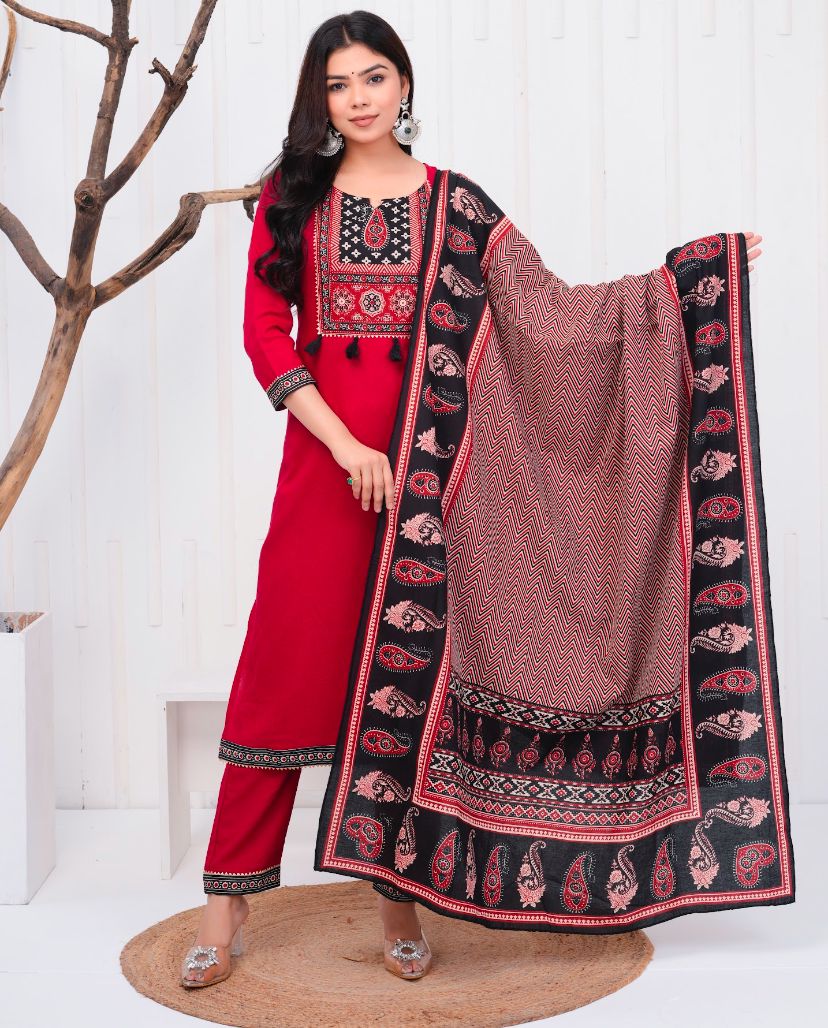 Red Jaipuri Formal Cotton Kurti Pant Dupatta Set