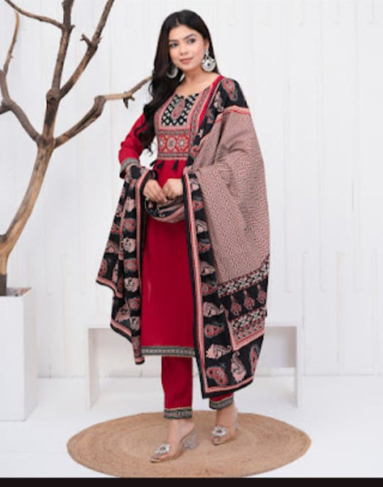 Red Jaipuri Formal Cotton Kurti Pant Dupatta Set