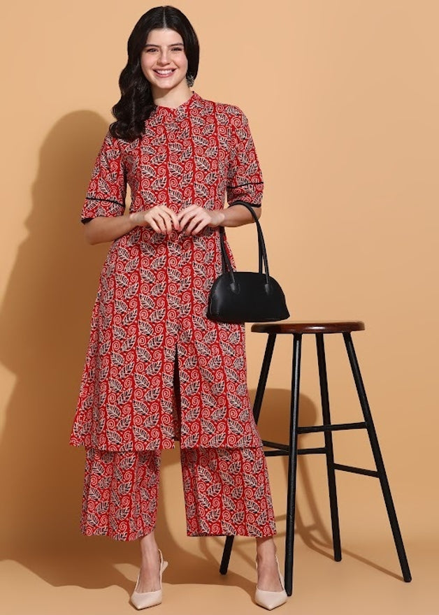 Red Jaipuri Formal Cotton Coord Set