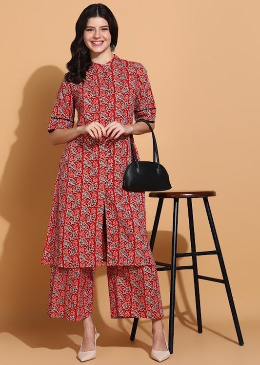 Red Jaipuri Formal Cotton Coord Set