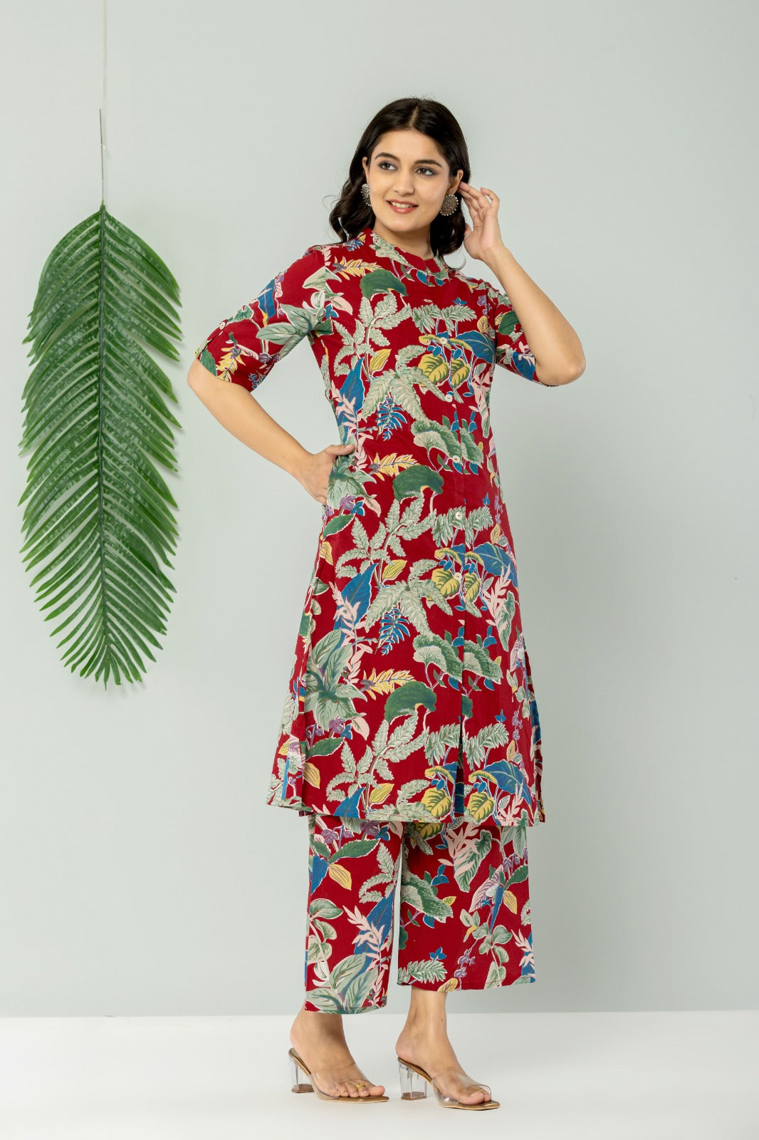 Maroon Pure Cotton Kurti Pant Set For Women