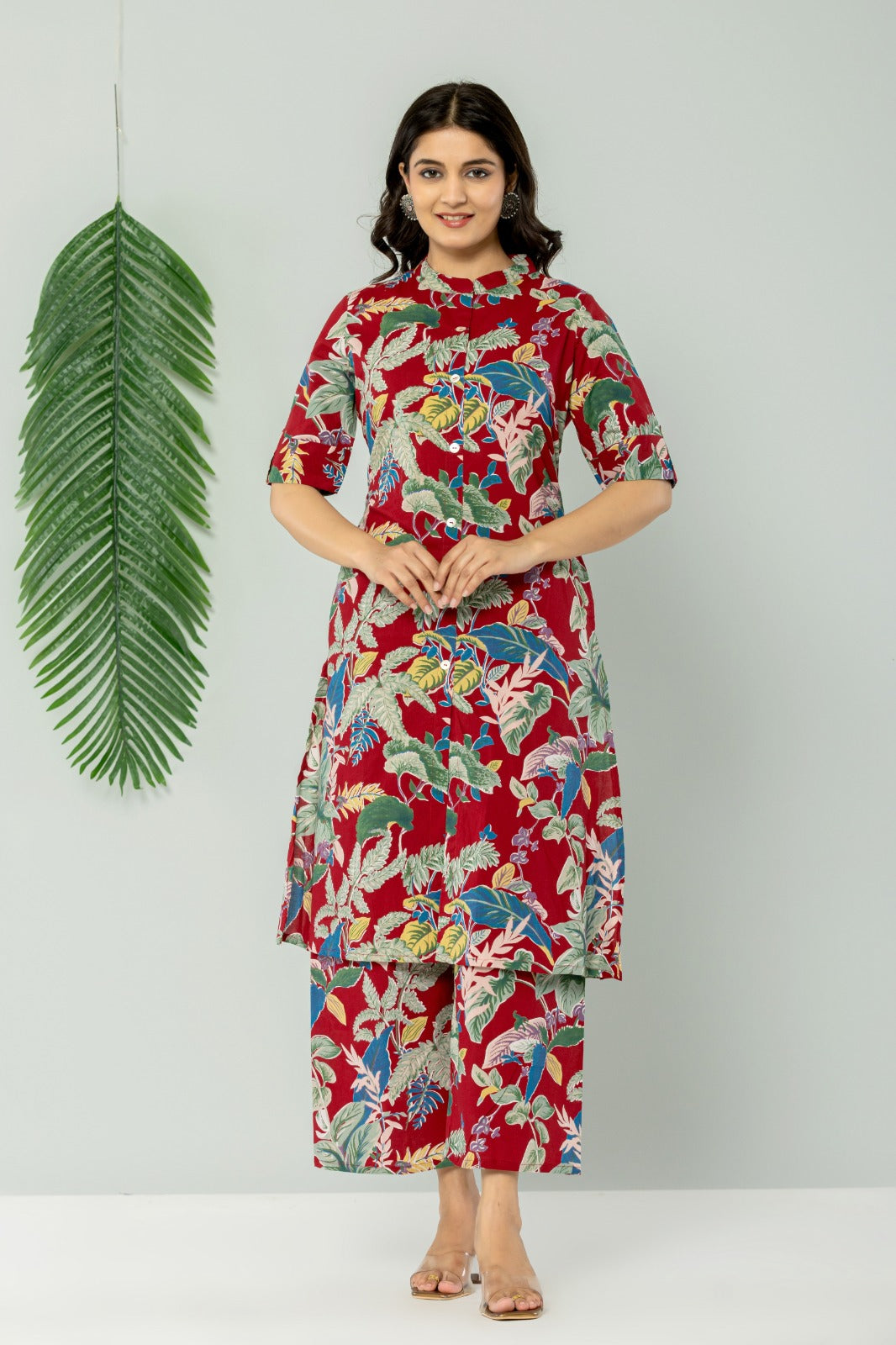 Maroon Pure Cotton Kurti Pant Set For Women