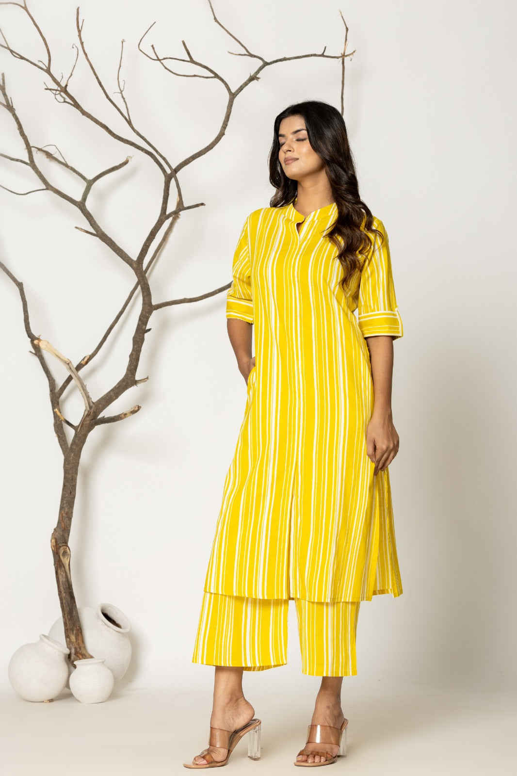 Yellow Formal Striped Cotton Kurta Set for Women