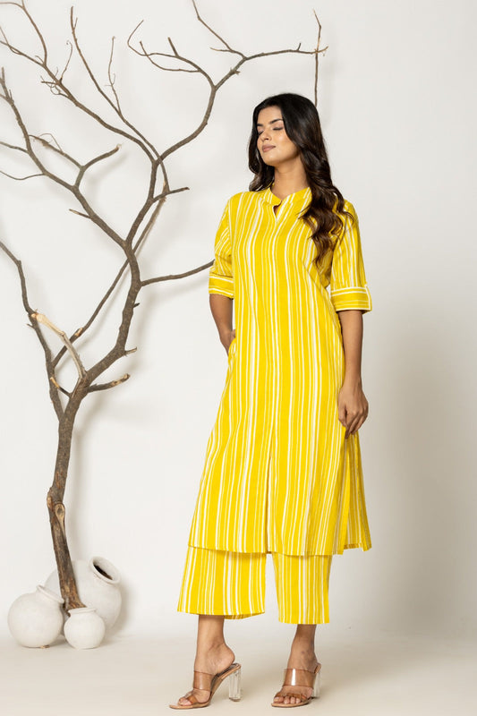 Yellow Formal Striped Cotton Kurta Set for Women
