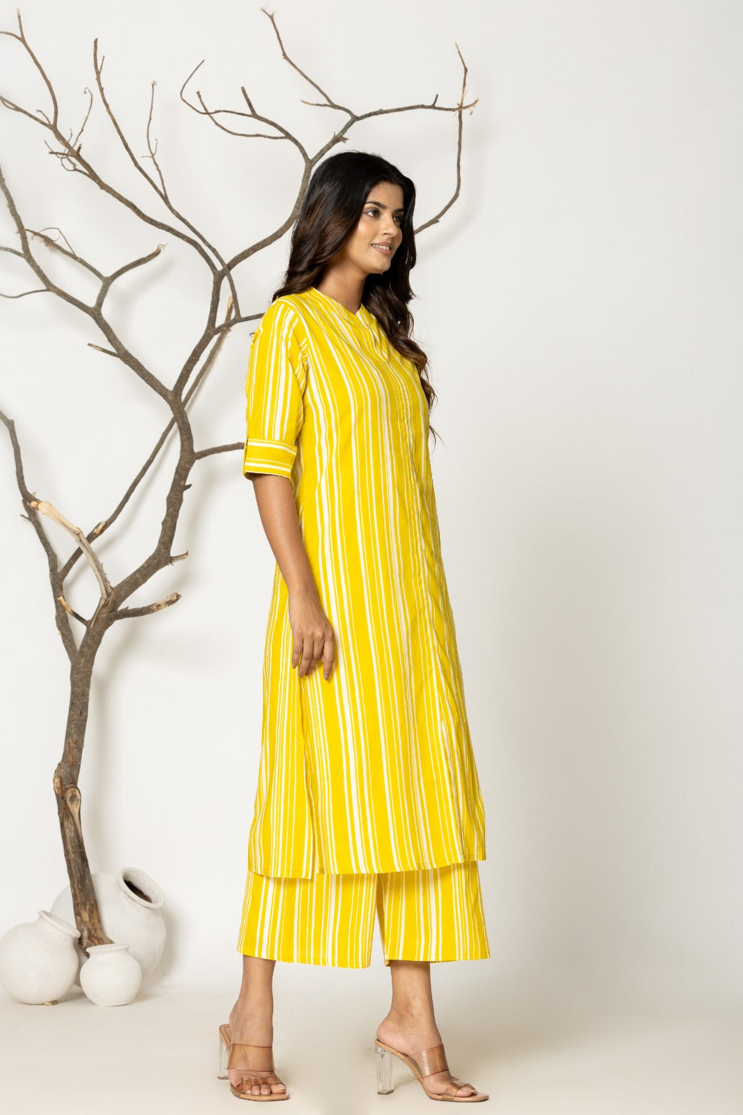 Yellow Formal Striped Cotton Kurta Set for Women