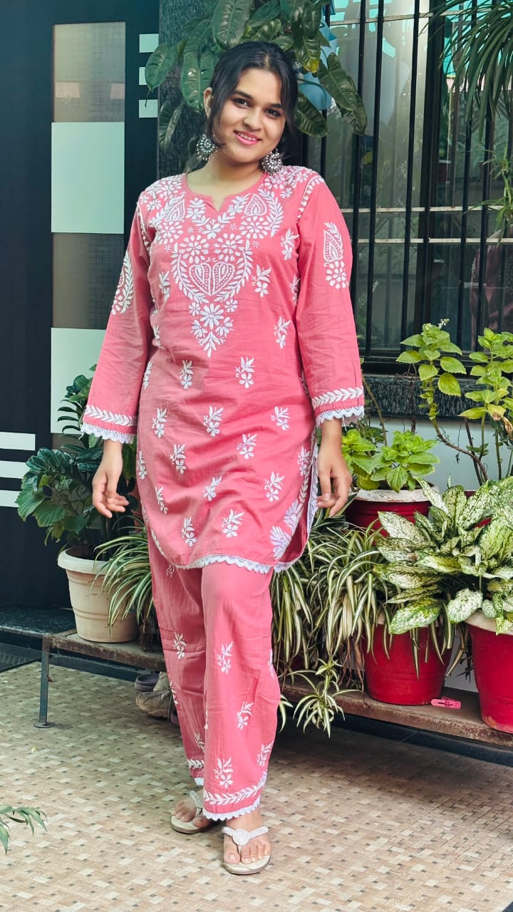 Gulabi Noor Peach Chikankari Co-ord set