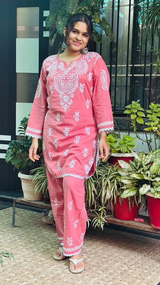 Gulabi Noor Peach Chikankari Co-ord set