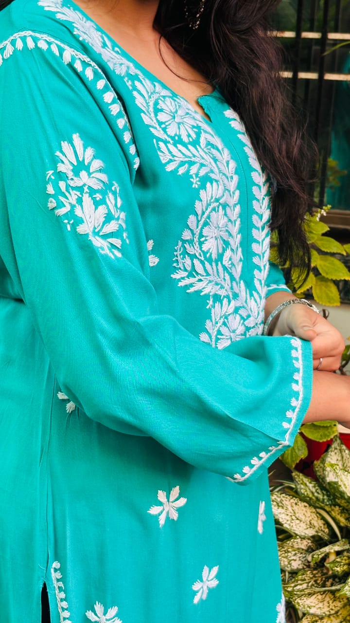 Noor-e-Ferozi Turquoise Blue rayon Chikan kari kurti,  embroidery.