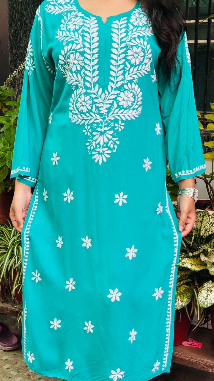 Noor-e-Ferozi Turquoise Blue rayon Chikan kari kurti,  embroidery.