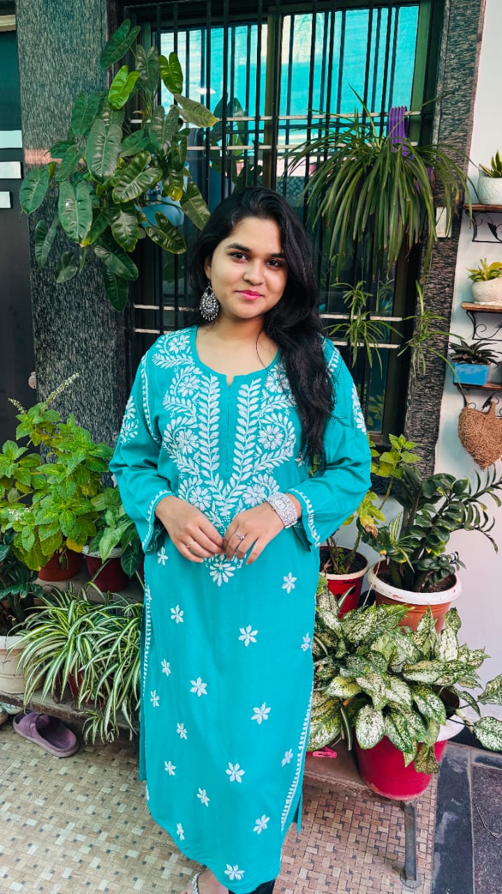 Noor-e-Ferozi Turquoise Blue rayon Chikan kari kurti,  embroidery.