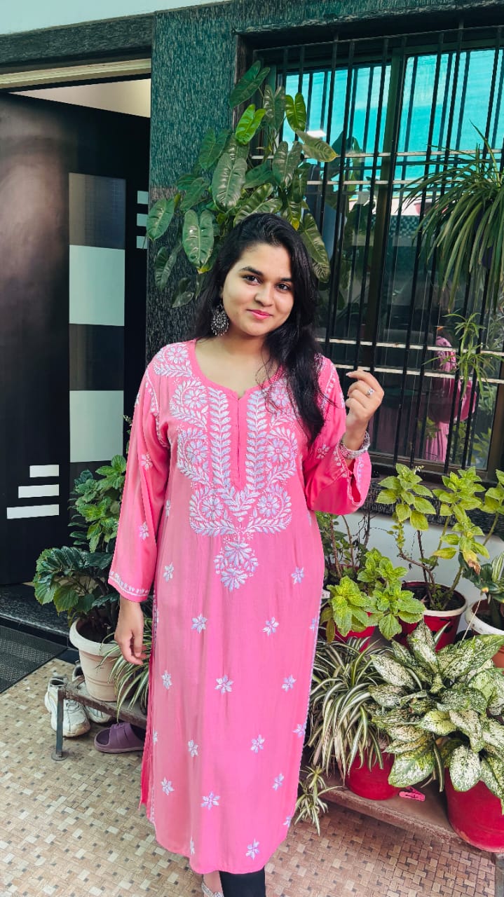 Peach Gulaab Noor-rayon Chikan kari kurti, embroidery.