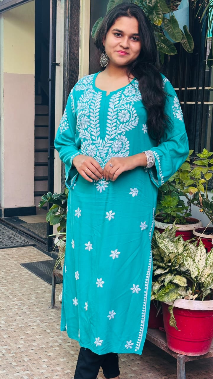 Noor-e-Ferozi Turquoise Blue rayon Chikan kari kurti,  embroidery.