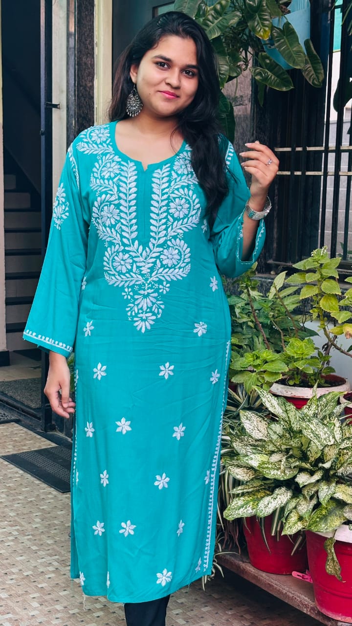 Noor-e-Ferozi Turquoise Blue rayon Chikan kari kurti,  embroidery.