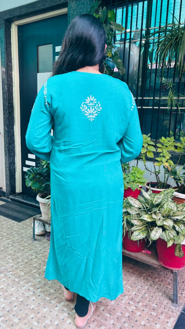 Noor-e-Ferozi Turquoise Blue rayon Chikan kari kurti,  embroidery.