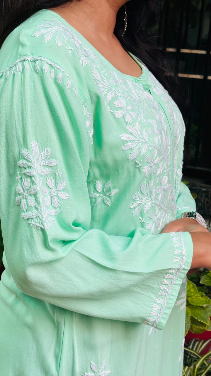 Noor-e- Pista Green rayon Chikan kari kurti,  embroidery.
