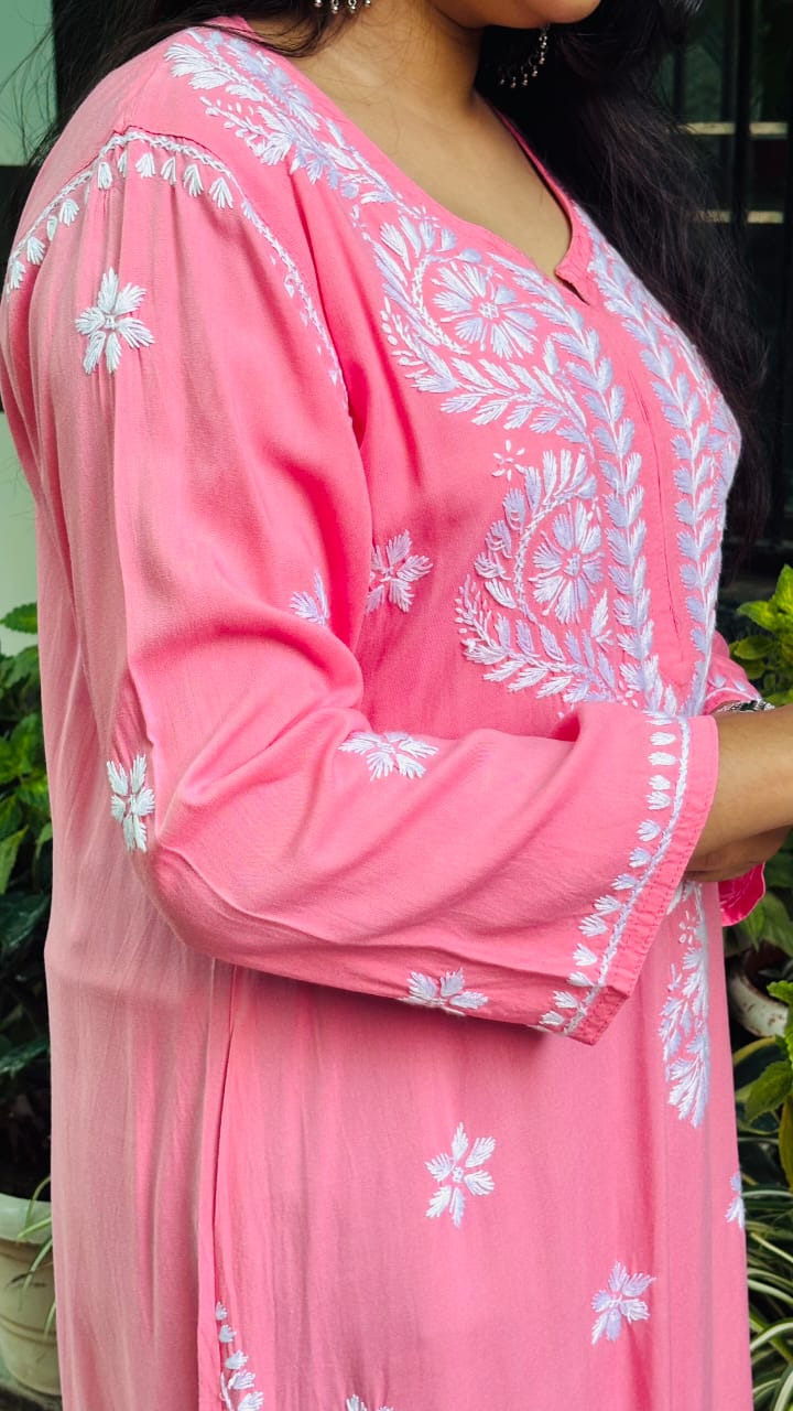 Peach Gulaab Noor-rayon Chikan kari kurti, embroidery.