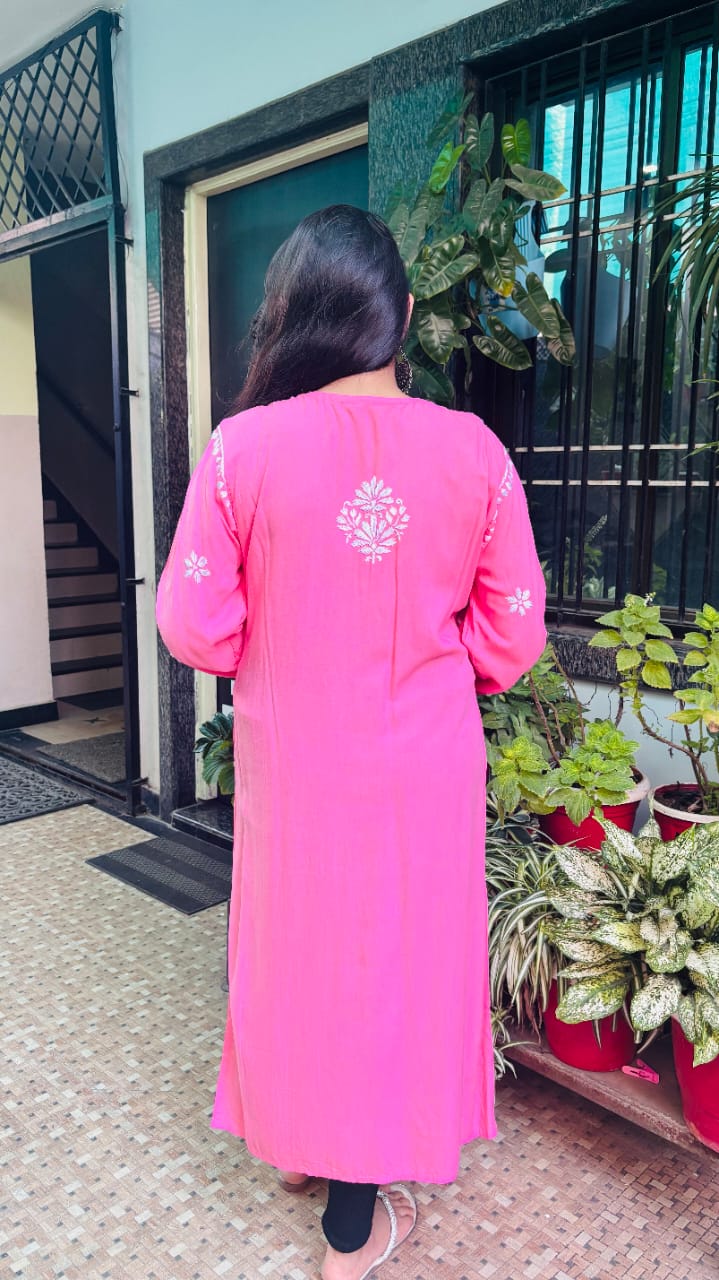 Peach Gulaab Noor-rayon Chikan kari kurti, embroidery.