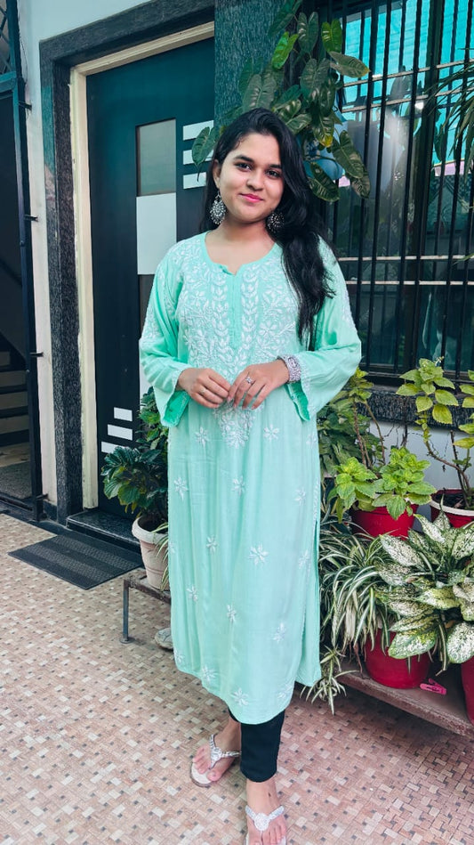 Noor-e- Pista Green rayon Chikan kari kurti,  embroidery.
