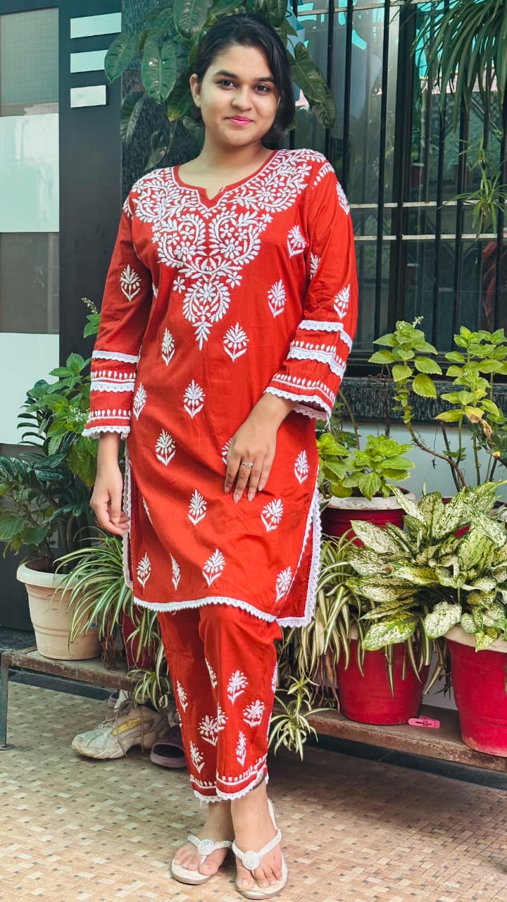 Surkh Ziya  Burnt Orange Chikankari Co-ord set