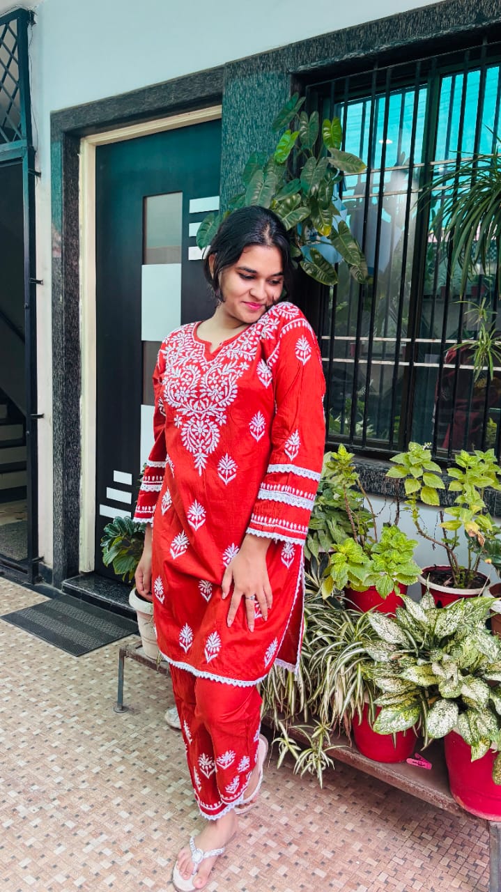 Surkh Ziya  Burnt Orange Chikankari Co-ord set