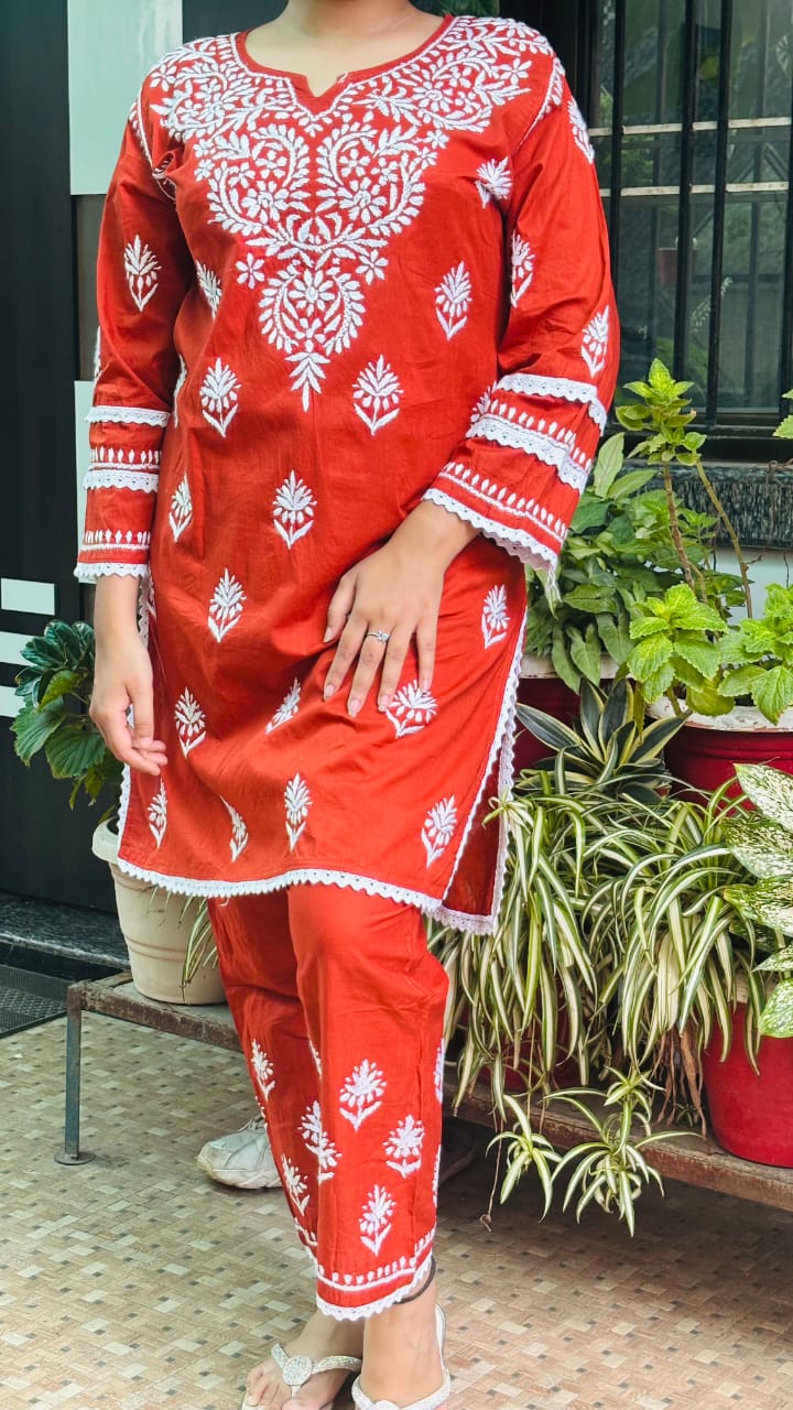 Surkh Ziya  Burnt Orange Chikankari Co-ord set