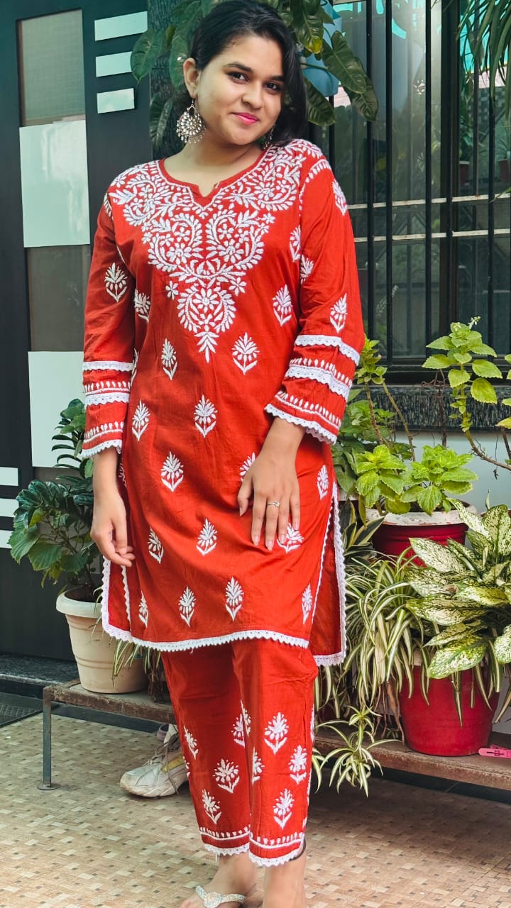 Surkh Ziya  Burnt Orange Chikankari Co-ord set