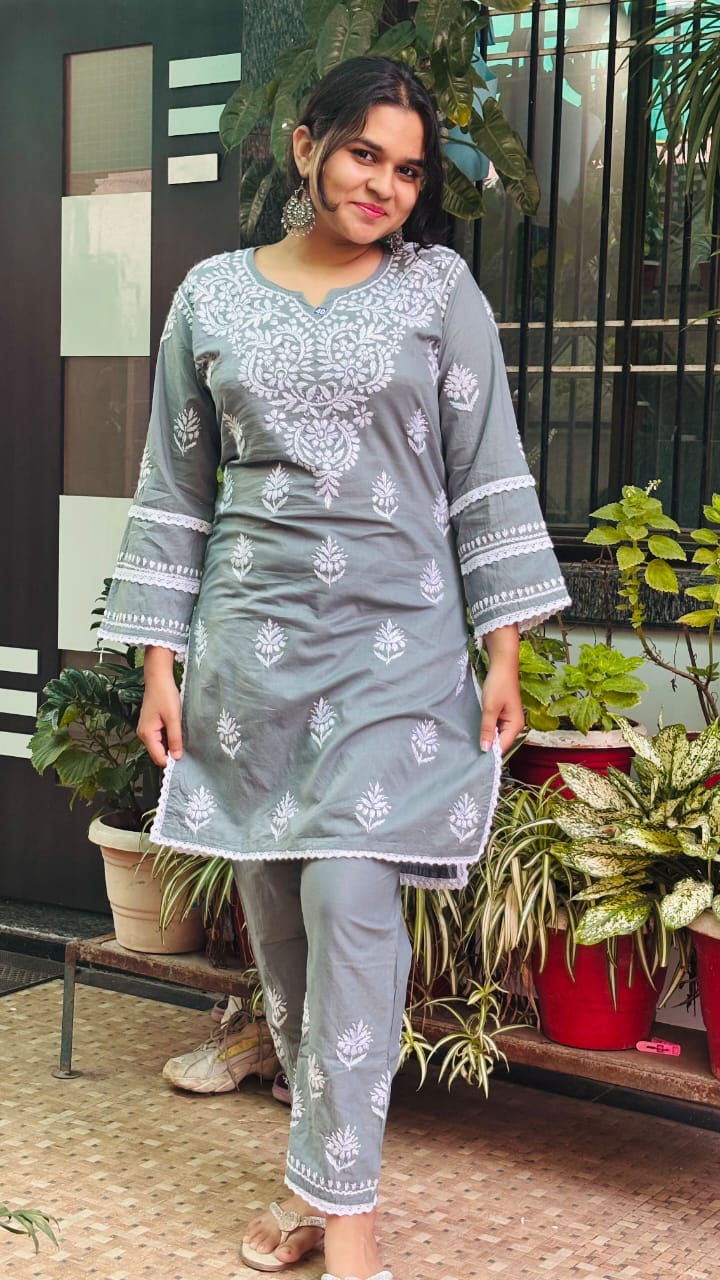 Ash Grey Chikankari Co-ord Set