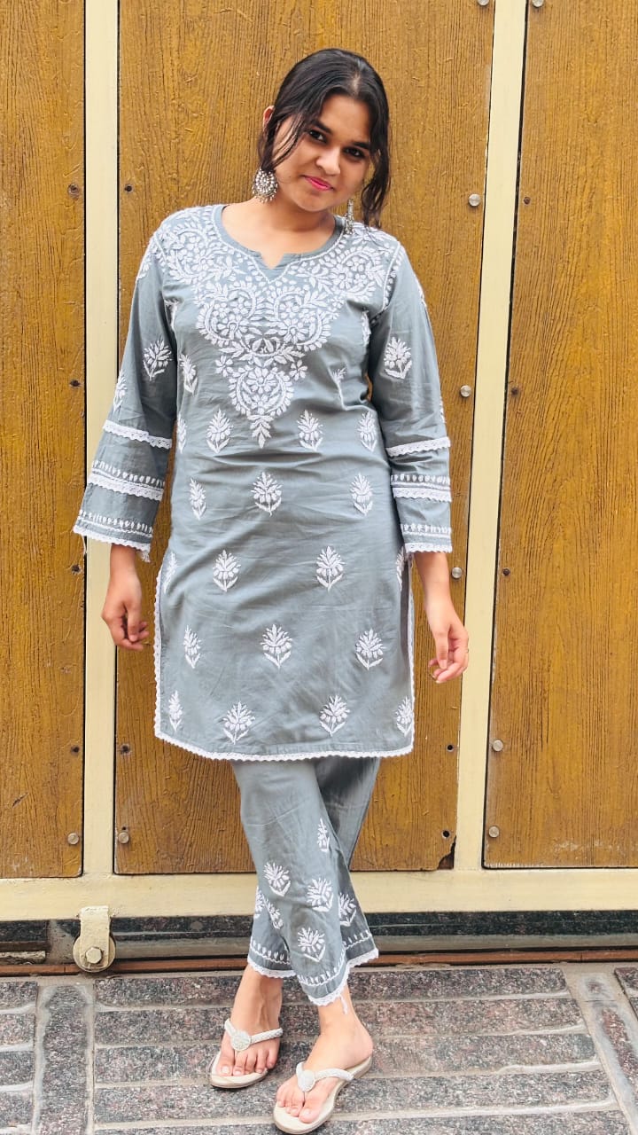 Ash Grey Chikankari Co-ord Set