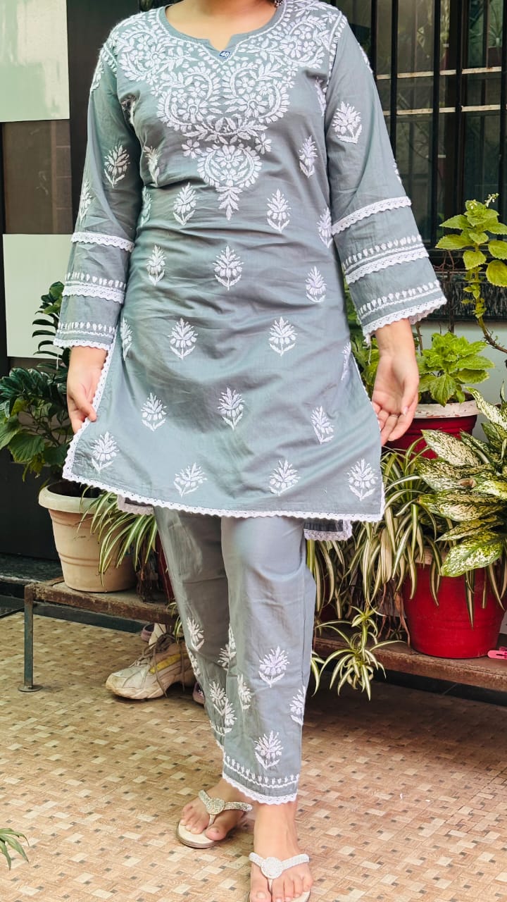 Ash Grey Chikankari Co-ord Set