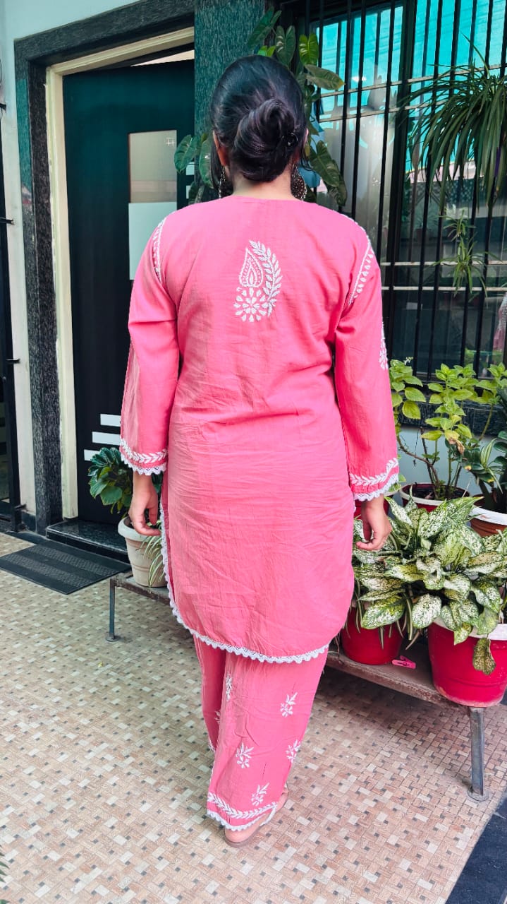 Gulabi Noor Peach Chikankari Co-ord set