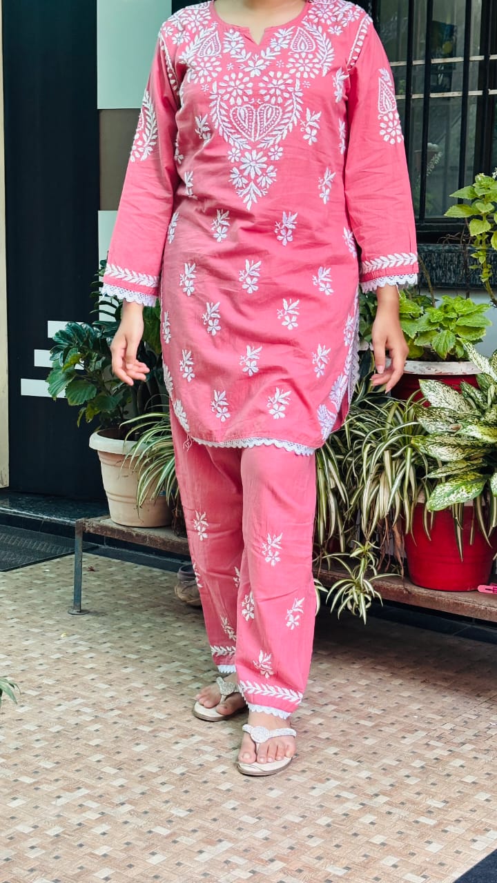 Gulabi Noor Peach Chikankari Co-ord set