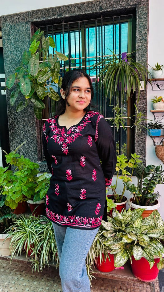 Black and pink embroidery Midnight Bloom Short top